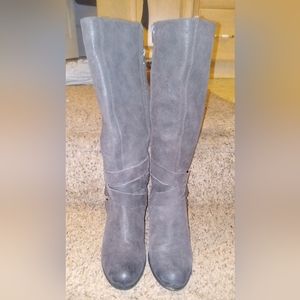 FERGIE • size 9 • grey suede high/tall boots with strap/buckle